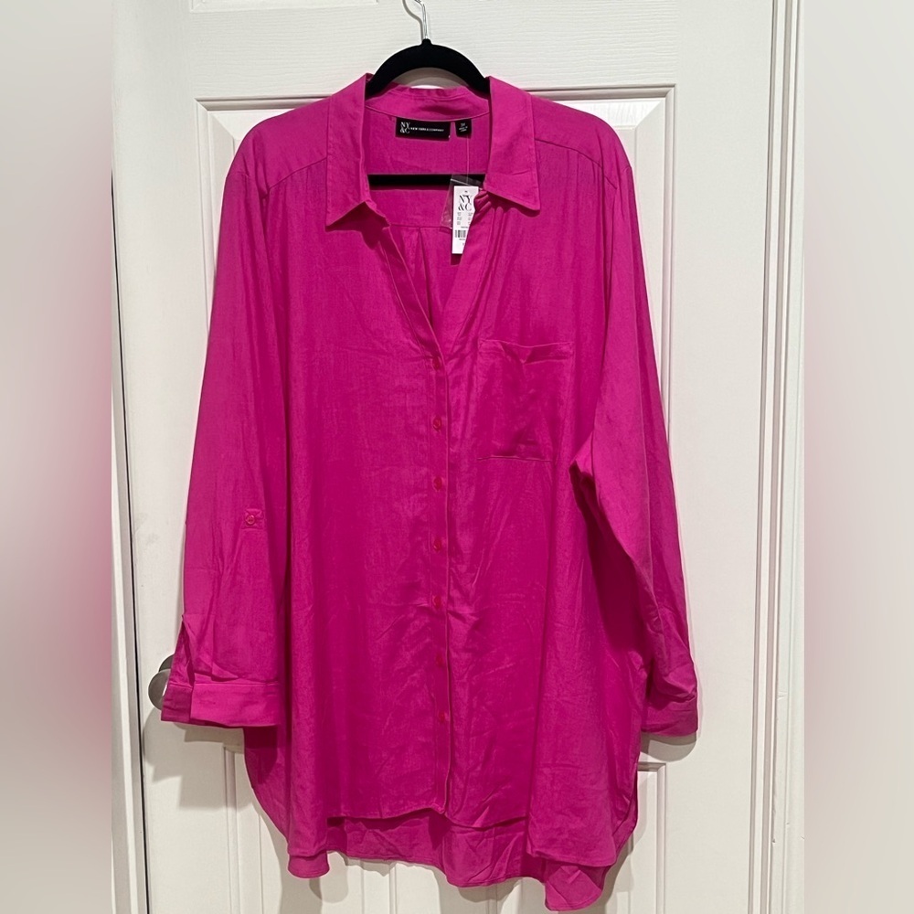 New York & Company V-NECK BUTTON UP ROLL SLEEVE Fuchsia PINK Blouse PLUS SIZE 3X
